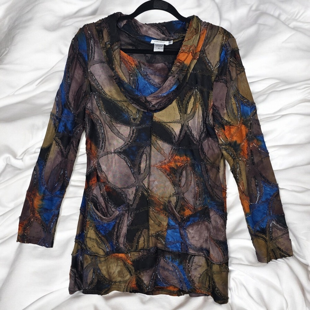 Feratelli Colorful Patchwork Top Woman Medium Cowl Neck Abstract Artsy Steampunk